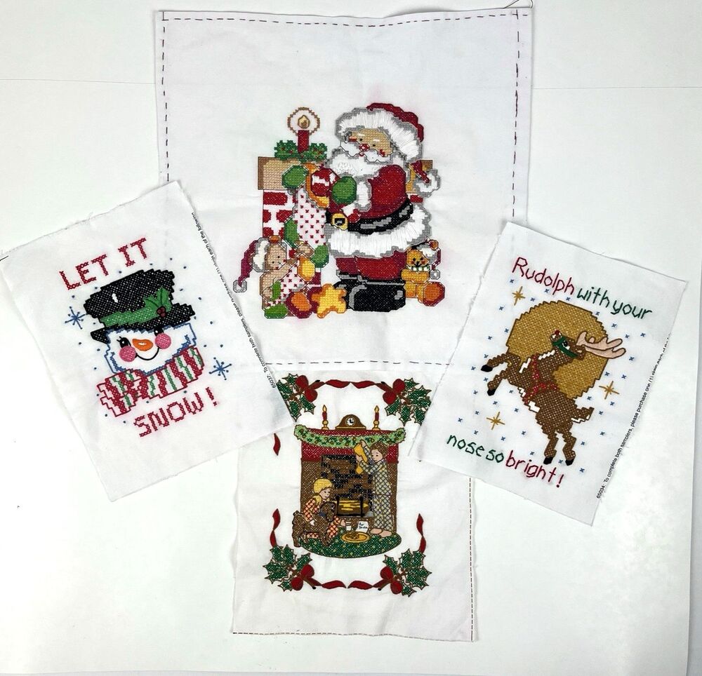 4 Christmas Cross Stitch Samplers Finished Santa Snowman Rudolph Hearth Children